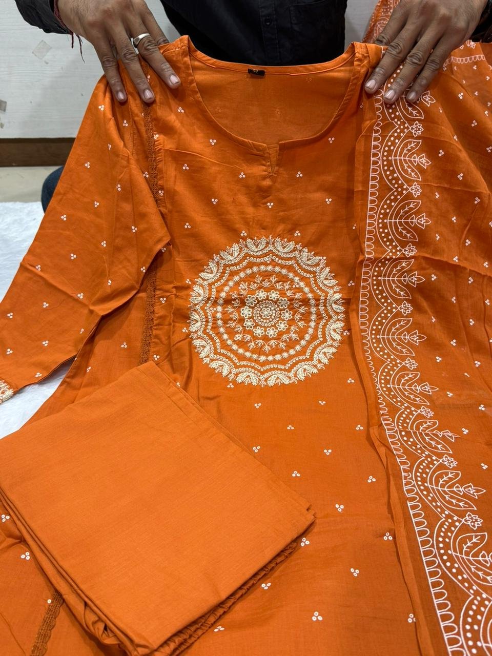 Orange Cotton Suit Set with Embroidered Dupatta